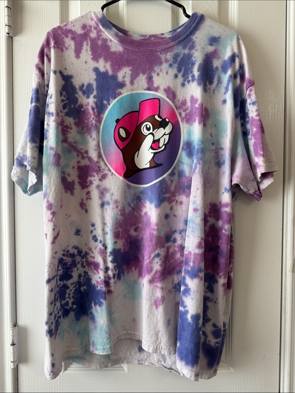 Tie-Dye Graphic Tee with Purple and Blue Cartoon Bear